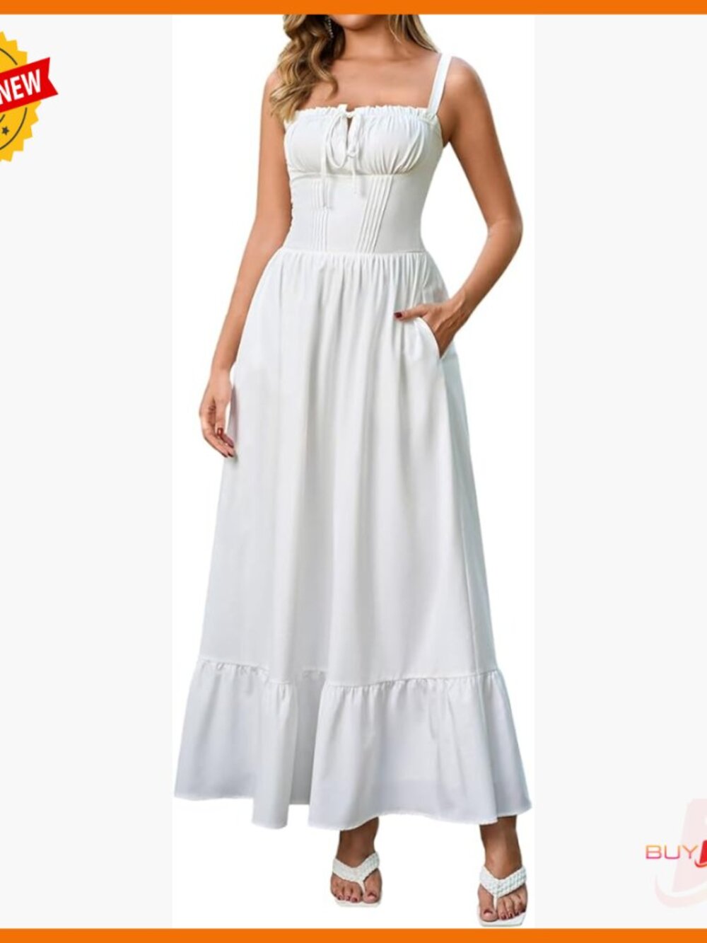 Corset Maxi Dress With Lace Up Back, Pockets, Adjustable Straps